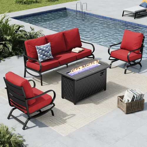 Vista 37 de MFSTUDIO Juego de muebles de patio de 8 piezas con mesa de fogata de gas de 45 pulgadas (hasta 9 asientos), sofás de conversación de metal