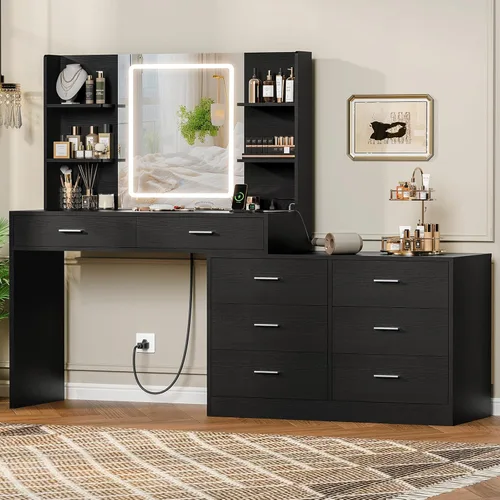 Vista 14 de Quimoo - Escritorio de tocador grande de 48" con espejo y luces, tocador de maquillaje con 6 cajones, toma de corriente, juego de mesa de tocador