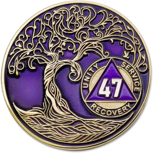 Vista 247 de 1 año Sobriety Mint Twisted Tree of Life Medallón de recuperación AA chapado en oro, chip/ficha - negro