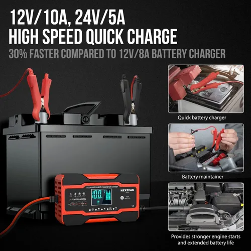 Vista 2 de NEXPEAK NC201 10-Amp Battery Charger, Smart Trickle Charger 12V 24V Car Battery Charger Fully Automatic Maintainer Desulfator w/Temp Compensation
