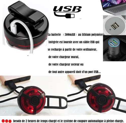 Vista 6 de Paquete de 2 luces traseras de bicicleta, luz LED recargable por USB, luz trasera de bicicleta, linterna de seguridad para bicicleta, 5 opciones