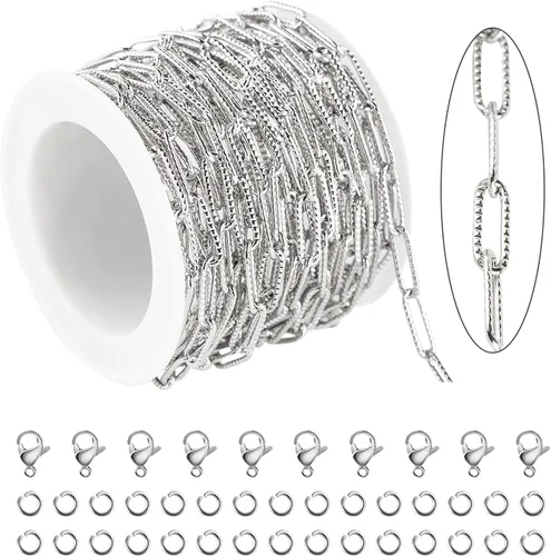 Vista 10 de KYUNHOO Cadena de cuentas de satélite de plata de 32.8 pies/32.8 ft, cadena de acero inoxidable 304 para hacer joyas, cadena de collar para mujer