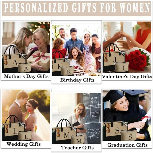 Vista 6 de YOOLIFE Regalos para mujeres Bolsa de yute con inicial y bolsa de maquillaje con bolsillo con cremallera, correa ajustable, regalos de cumpleaños