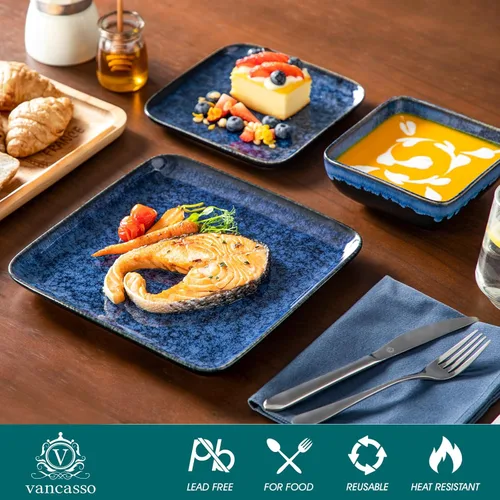 Vista 3 de vancasso Stern Blue Juego de Cena Cuadrado Vajilla de Esmalte Reactivo 12 Piezas Vajilla de Cocina Juego de Loza de Gres con Plato de Cena, Plato