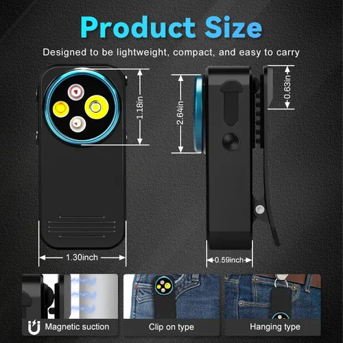 Vista 10 de Linterna EDC con clip, linterna recargable de 600 lúmenes, mini luz de bolsillo con clip con modo RGB, linterna pequeña magnética tipo C
