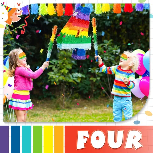 Vista 2 de Sratte Piñata de números arcoíris, piñata multicolor, pequeña fiesta de cumpleaños con palo y confeti para cumpleaños, aniversario, fiesta de Cinco