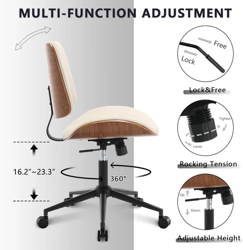 Vista 6 de Silla de oficina en casa, sin brazos con ruedas, silla de escritorio pequeña de altura ajustable, silla de computadora giratoria de piel sintética