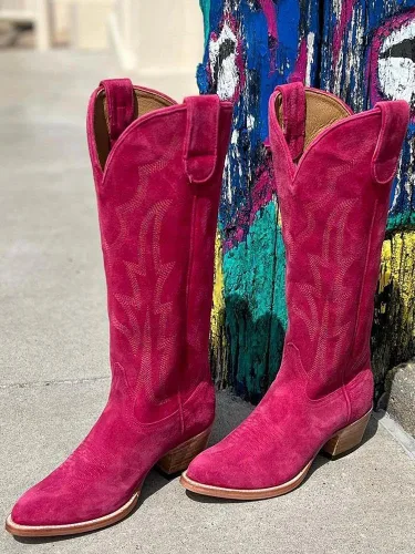 Vista 5 de Botas vaqueras bordadas para mujer, tacón grueso, botas occidentales, costuras clásicas, botas de media pantorrilla