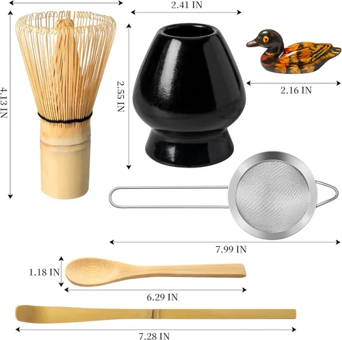 Vista 2 de Juego de batidor de matcha, kit para hacer matcha con batidor (soporte Chasen), soporte de batidor de cerámica (negro), pala de bambú, tamizador