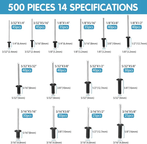 Vista 4 de SATANTECH 500 piezas de remaches negros, kit surtido de remaches emergentes, 14 tamaños SAE de remaches de aluminio (3/32" 1/8" 5/32" 3/16")