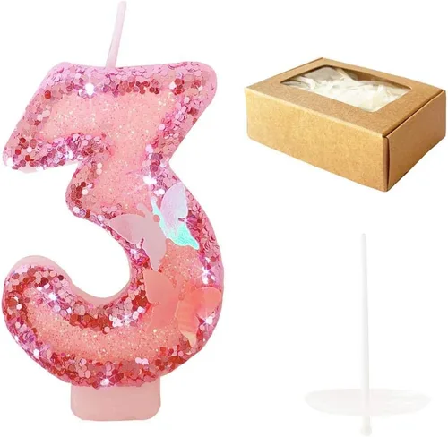 Vista 14 de Velas de cumpleaños número 4, velas de pastel de feliz cumpleaños con purpurina rosa hecha a mano rosado