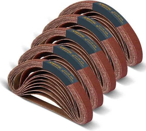 POWERTEC 1/2 x 18 Pulgadas Cintas de Lijado, 50PK, 10 de cada una de grano 40/80/120/180/240, Surtido de Cintas de Lijado de Óxido de Aluminio para