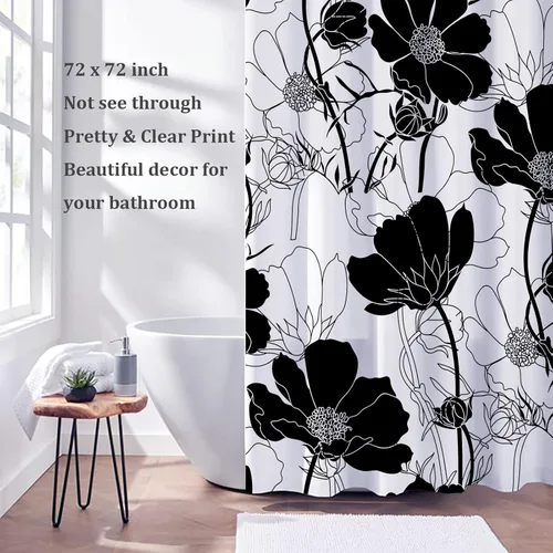 Vista 2 de Cortina de ducha estética floral para baño, cortina de ducha de tela impermeable con ganchos, 72 x 72 pulgadas