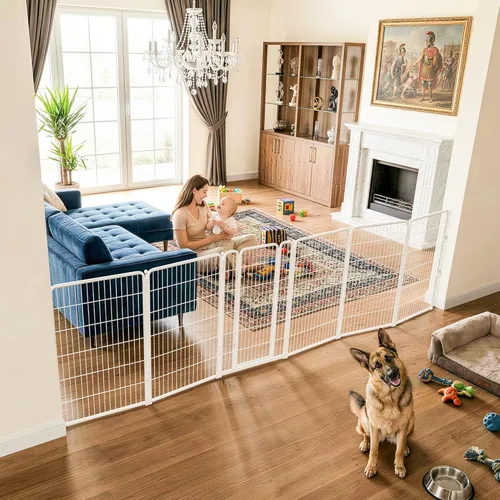 Vista 45 de FXW Puerta para perros extra ancha diseñada para uso en interiores, ancho ajustable de hasta 137 pulgadas de ancho