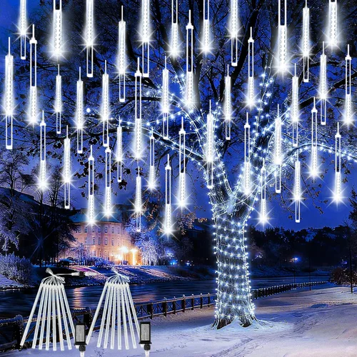 Vista 13 de SANJICHA Paquete de 2 luces de Navidad extensibles de lluvia de meteoritos al aire libre, 16 tubos 384 LED enchufables para decoración de Navidad