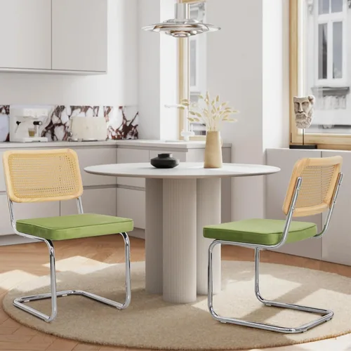 Vista 9 de Juego de 4 sillas de comedor de terciopelo blanco tapizadas sin brazos con respaldo de ratán, marco cromado inoxidable para comedor, apartamento