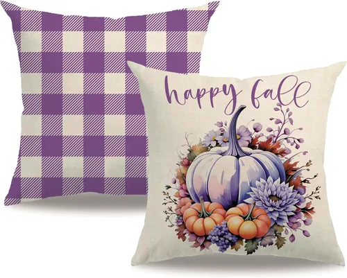 Vista 15 de Fundas de almohada decorativas de otoño, diseño de calabaza y búfalo de otoño a cuadros de 18 x 18 pulgadas, paquete de 2 fundas de almohada