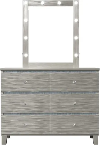 Vista 7 de GLORHOME Juego de dormitorio de 5 piezas color plateado champán con plataforma de cama tamaño King, 2 mesitas de noche, tocador y espejo para niños