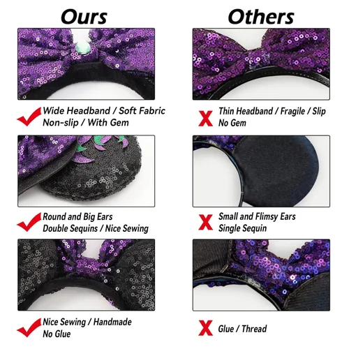 Vista 3 de Diadema de lazo con orejas de ratón 2 piezas de cuernos maléficas con llama y gema accesorios para el cabello morado de Halloween decoración