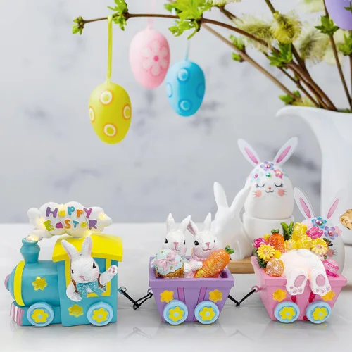 Vista 6 de Hexagram Decoraciones de Pascua para el hogar, tren, decoración de mesa de Pascua, centros de mesa iluminados con conejo para el hogar, decoración
