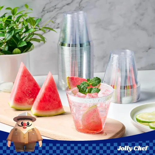 Vista 6 de JOLLY CHEF Paquete de 100 vasos de plástico plateado, vasos de plástico transparente de 9 onzas, elegantes vasos con borde plateado, vasos