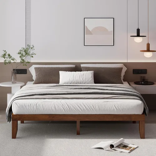 Vista 28 de COSTWAY Marco de cama de plataforma tamaño King, base de colchón de madera de goma maciza de 14 pulgadas con soporte de listones resistentes, marco