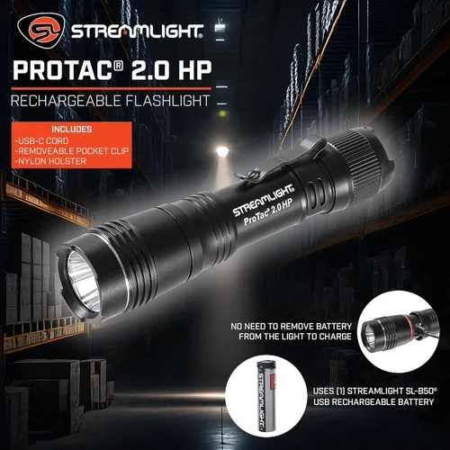 Vista 6 de Streamlight 89023 ProTac 2.0 HP 2000-Lumen 85000 Candela Rechargeable High Performance Multi-Functional Tactical Flashlight, Black