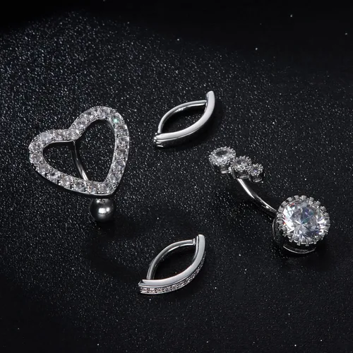 Vista 8 de THUNARAZ 4Pcs 14G Clicker Belly Button Ring for Women Surgical Steel CZ Opal Heart Belly Rings Simple Reverse Navel Rings Belly Piercing Body