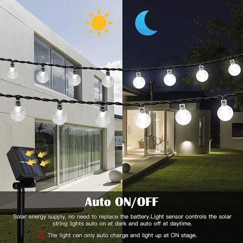 Vista 2 de Tira de luces solares para exteriores, 50 luces LED de 23 pies de globo de cristal con 8 modos de iluminación, luces solares impermeables