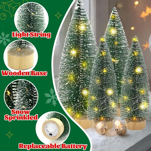 Vista 3 de Mini árbol de Navidad con luces, árboles de Navidad de cepillo de botella con base de madera, mini árbol de pueblo navideño de mesa