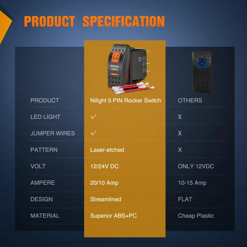 Vista 9 de Nilight - Interruptor basculante de luces de respaldo para UTV, encendido/apagado, interruptor de barra de luz LED de 5 pines SPST