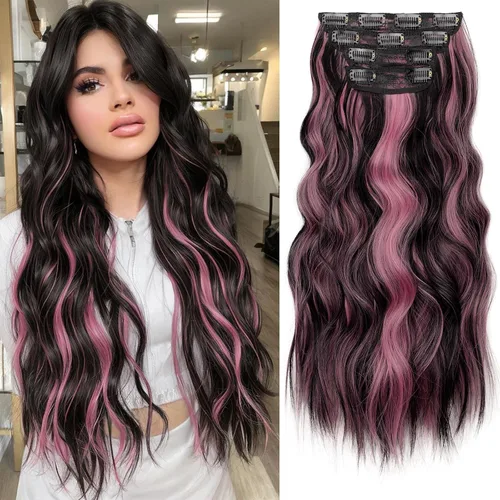 Vista 31 de KooKaStyle Extensiones de cabello sintético con pinzas, largo, ondulado, grueso, balayage, marrón chocolate a rubio caramelo, fibra 10H26