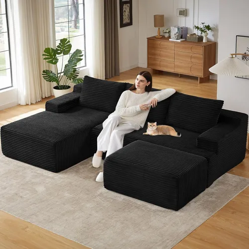 Vista 61 de Sofá modular de 95 pulgadas con otomana, moderno sofá nube de pana con asiento profundo, sofá sin hueso tapizado de 3 plazas en forma de U para sala