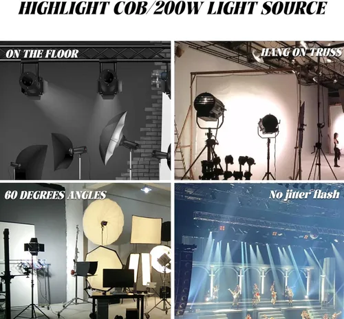 Vista 3 de Luces de escenario COB con puertas de granero, luz par COB de 200 W, LED 3500 ~ 7500 K, blanco cálido y blanco, DMX512 con sonido maestro-esclavo