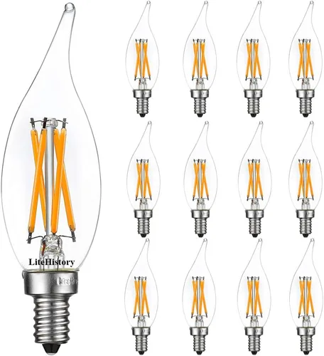 Vista 8 de LiteHistory Bombilla LED E12 regulable de 4 W 2200 K, ámbar CA10, 250 lm, blanco cálido, punta de llama de 40 W, paquete de 6