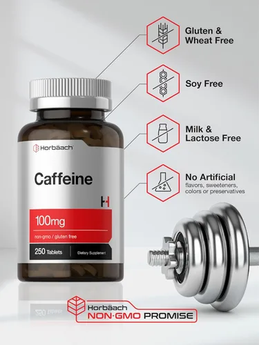 Vista 5 de Horbäach Píldoras de cafeína de 100 mg 250 tabletas Fórmula vegetariana Suplemento sin OMG, sin gluten