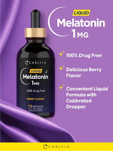 Vista 4 de Carlyle Melatonina líquida 1 mg Gotas de 4 onzas líquidas Sabor a bayas Suplemento vegetariano sin OMG, suplemento vegetariano