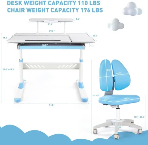 Vista 11 de COSVALVE Escritorio ajustable para niños con cajón, mesa de estudio ergonómica multifunción de 39 pulgadas de ancho con estante, escritorio Azul