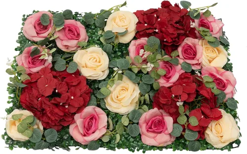 12 paneles de pared de flores artificiales, telón de fondo floral de 24 x 16 pulgadas, decoración de pared de flores de seda con rosas de seda,