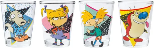 Vista 2 de Silver Buffalo Nickelodeon Retro con Rocko, Angelica, Stimpy y Arnold - Juego de 4 mini vasos de 1.5 onzas