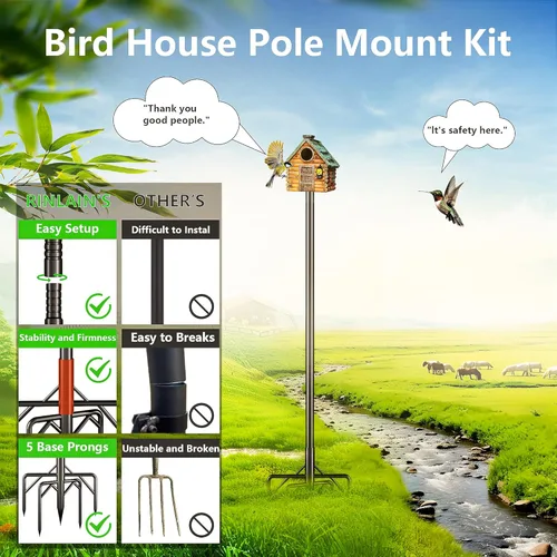 Vista 7 de Kit de poste para comedero de pájaros, poste de casa de pájaros de 79 pulgadas para exteriores resistente, 5 puntas de base ajustables, soporte