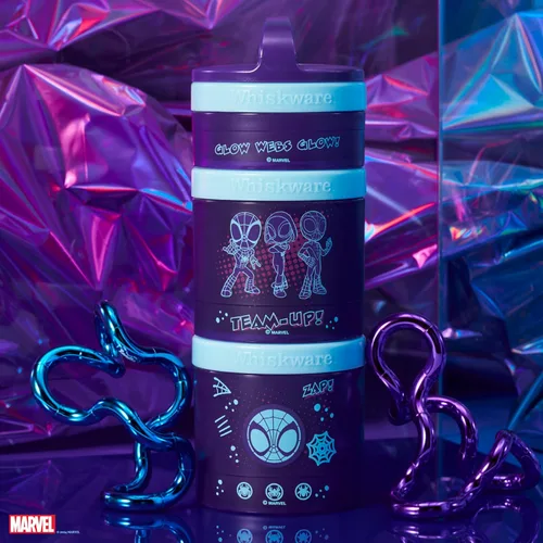 Vista 6 de Whiskware Spider-Man Team Spidey Recipientes apilables para aperitivos para bebés, niños y niños pequeños, 3 vasos apilables para la escuela