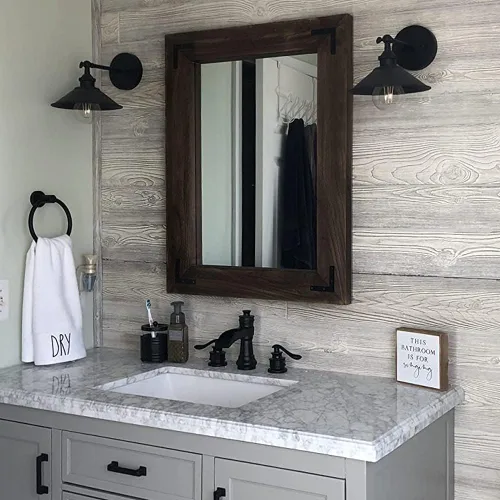 Vista 5 de YOSHOOT Espejo de pared con marco de madera rústica, espejo de tocador de baño de madera natural para decoración de granja, colgante vertical u Negro