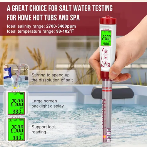 Vista 3 de Probador digital de sal de piscina con sonda larga, medidor de salinidad para piscina de agua salada, kit de prueba de sal precisa, bañera