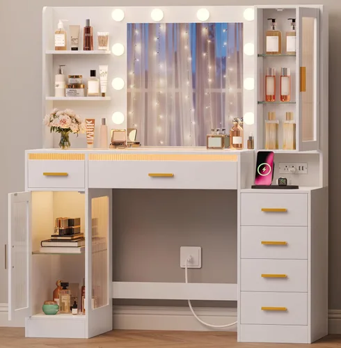 Vista 3 de Escritorio de tocador con espejo y luces, tocador de maquillaje con 6 cajones, tocador superior transparente con 2 armarios y estantes