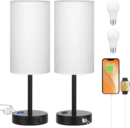 Vista 15 de Juego de 2 lámparas de mesa táctiles para dormitorio en blanco, lámparas de noche regulables de 3 niveles con puertos USB C y A, lámparas de mesita