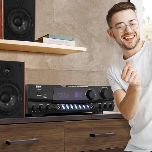 Vista 8 de Pyle Amplificador de potencia de audio para el hogar de 200 W, receptor estéreo con sintonizador AM FM, 2 entradas de micrófono con eco
