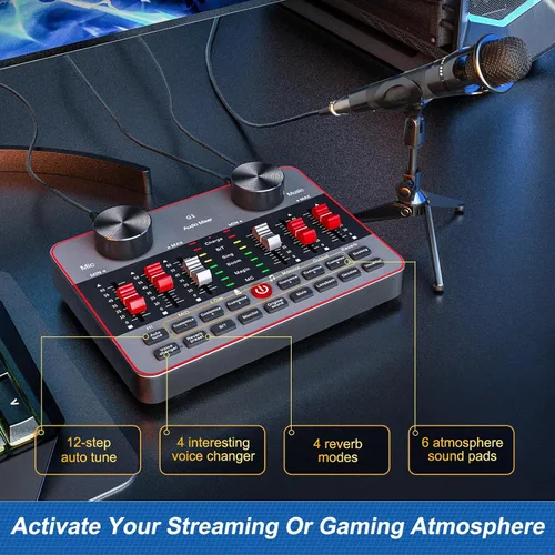 Vista 5 de Paquete de equipo de podcast para 2 micrófonos Tiktok Video Creator Kit, interfaz de audio, mezclador de DJ, tarjeta de sonido, micrófono