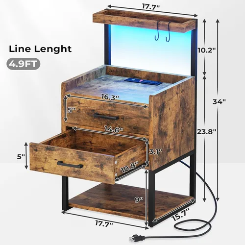 Vista 2 de AOGLLATI Mesita de noche con luces LED y estación de carga, 2 cajones para dormitorio, 2 puertos USB, 2 tomacorrientes, mesa auxiliar de cama