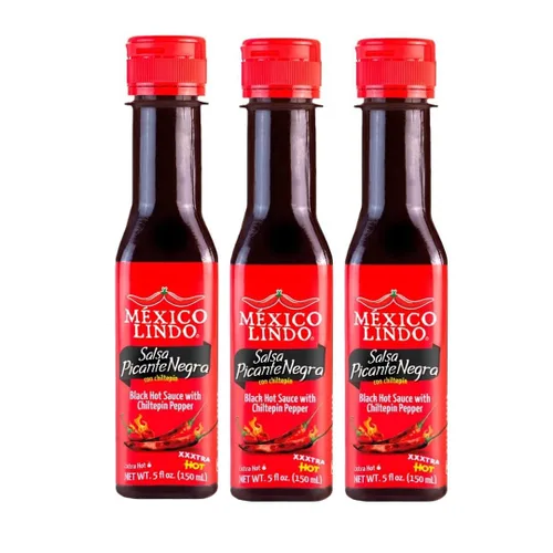 Vista 2 de Mexico Lindo Picante Negra con pantalla Chiltepin Xxxtra para salsa picante, 5 onzas líquidas, paquete de 3